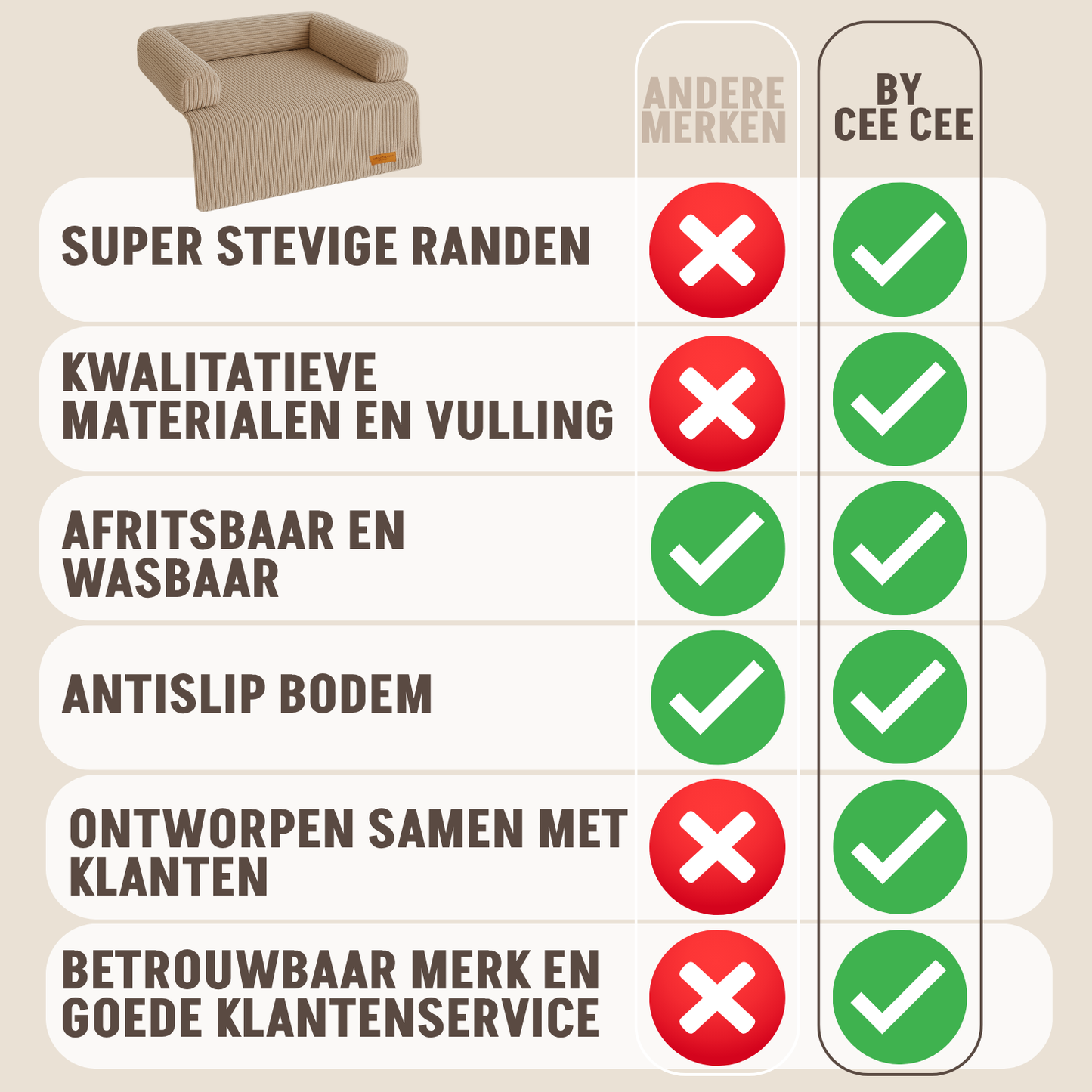 By Cee Cee Hondendeken Bank - Ribstof - Mokka Taupe - MAAT L