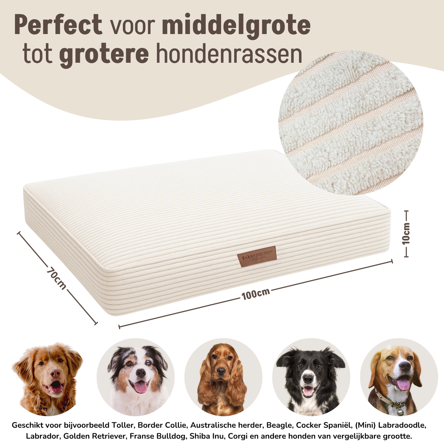 By Cee Cee Origineel Orthopedisch Hondenkussen Ribstof Beige- 100x70cm