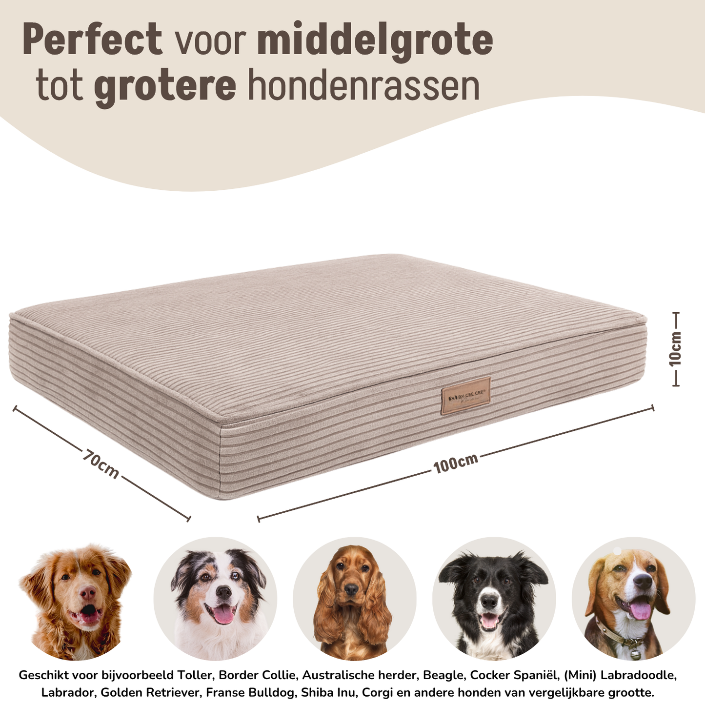 By Cee Cee Origineel Orthopedisch Hondenkussen Ribstof Mokka Taupe 100x70cm