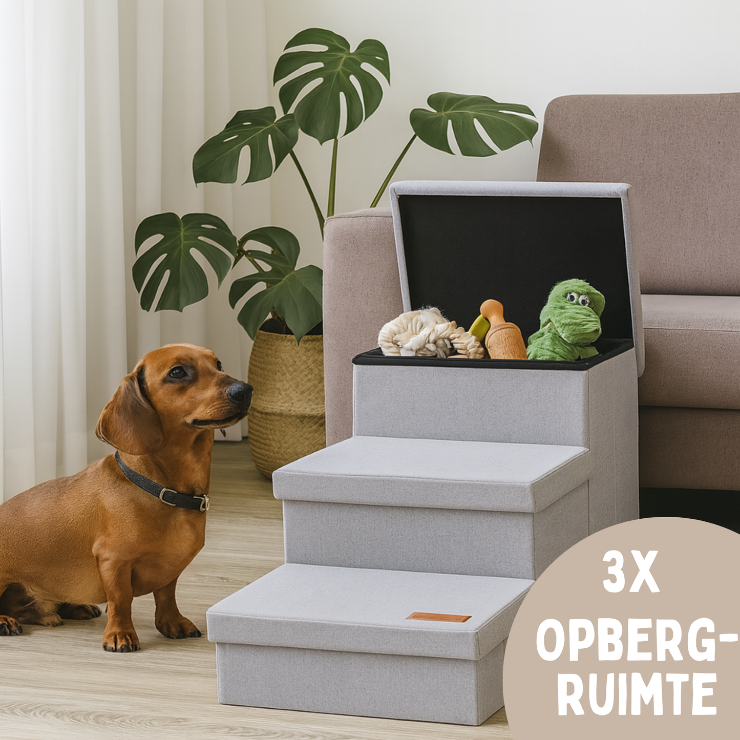 Hondentrap Stevig Model 2025 Met Opbergruimte - Trap Hond - tot 60 KG - Beige met grijs