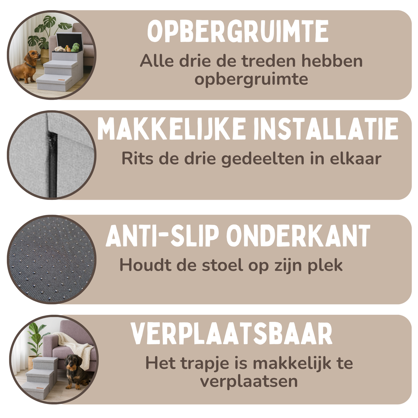 Hondentrap Stevig Model 2025 Met Opbergruimte - Trap Hond - tot 60 KG - Beige met grijs
