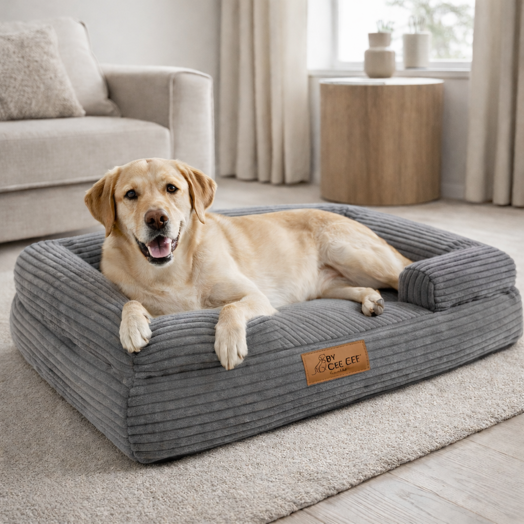 Hond in mand, Mand voor in woonkamer, Ribstof mand 