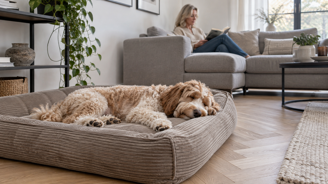 Australian Labradoodle slaapt in een ruime taupekleurige hondenmand in de woonkamer