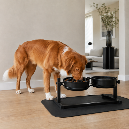 Nova Scotia Duck Tolling Retriever eet rustig uit een zwarte slowfeeder op een verstelbare voerstandaard