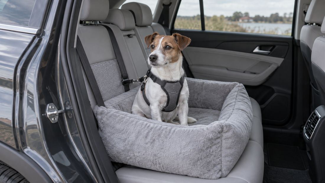 Jack Russell zit rustig in een grijze hondenautostoel op de achterbank van een geparkeerde auto