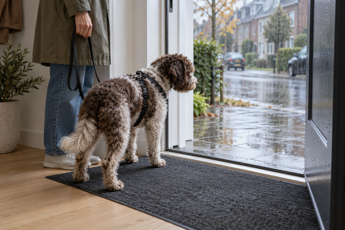 Lagotto Romagnolo aarzelt bij de open voordeur terwijl het buiten regent
