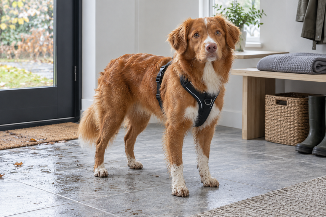 Nova Scotia Duck Tolling Retriever met zwart Y-tuig na een natte herfstwandeling in een neutrale hal
