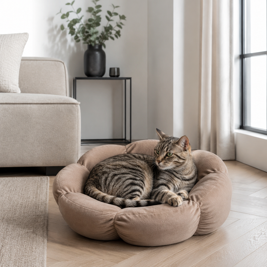 Grijze cyperse kat ligt in een mokkakleurige kattenmand in een rustige lichte woonkamer