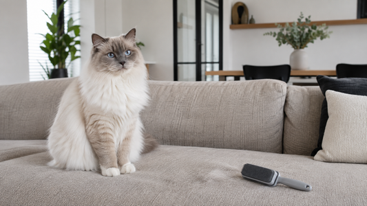 Langharige kat op een taupe bank met losse kattenharen en een haarverwijderingsborstel