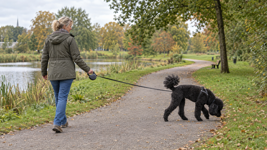 Zwarte poedel loopt aan een uitrolbare hondenriem op een rustig pad in het park