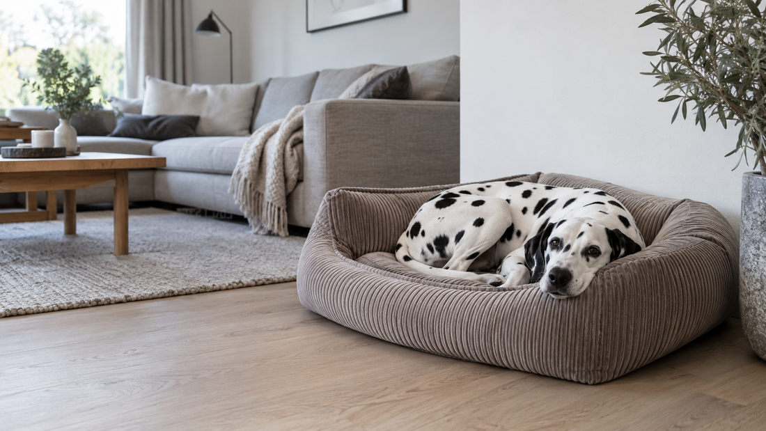 Dalmatiër rust in een taupekleurige hondenmand in een rustige hoek van de woonkamer