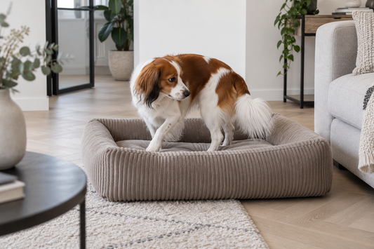 Kooikerhondje draait rond in een taupekleurige hondenmand voordat het gaat liggen