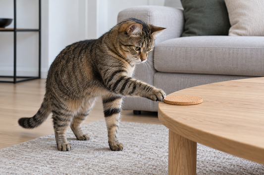 Europese korthaar tikt met haar poot tegen een kurken onderzetter op een houten salontafel