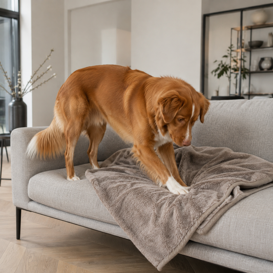 Nova Scotia Duck Tolling Retriever maakt met zijn voorpoten een ligplek op een taupe hondendeken