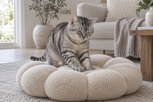 Europese korthaar kneedt met de voorpoten een zachte beige kattenmand