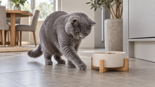 Chartreux krabt met een voorpoot naast een keramische voerbak