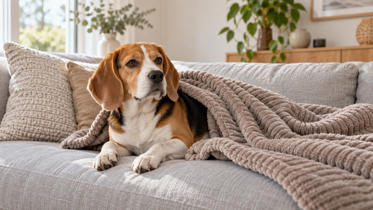 Beagle ligt gedeeltelijk onder een losse ribstof deken op de bank