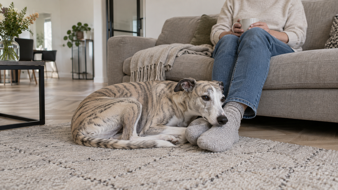 Whippet ligt ontspannen tegen de voeten van een vrouw op de bank