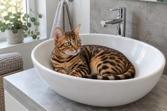 Bengaalse kat ligt in een droge witte wastafel in een neutrale badkamer.