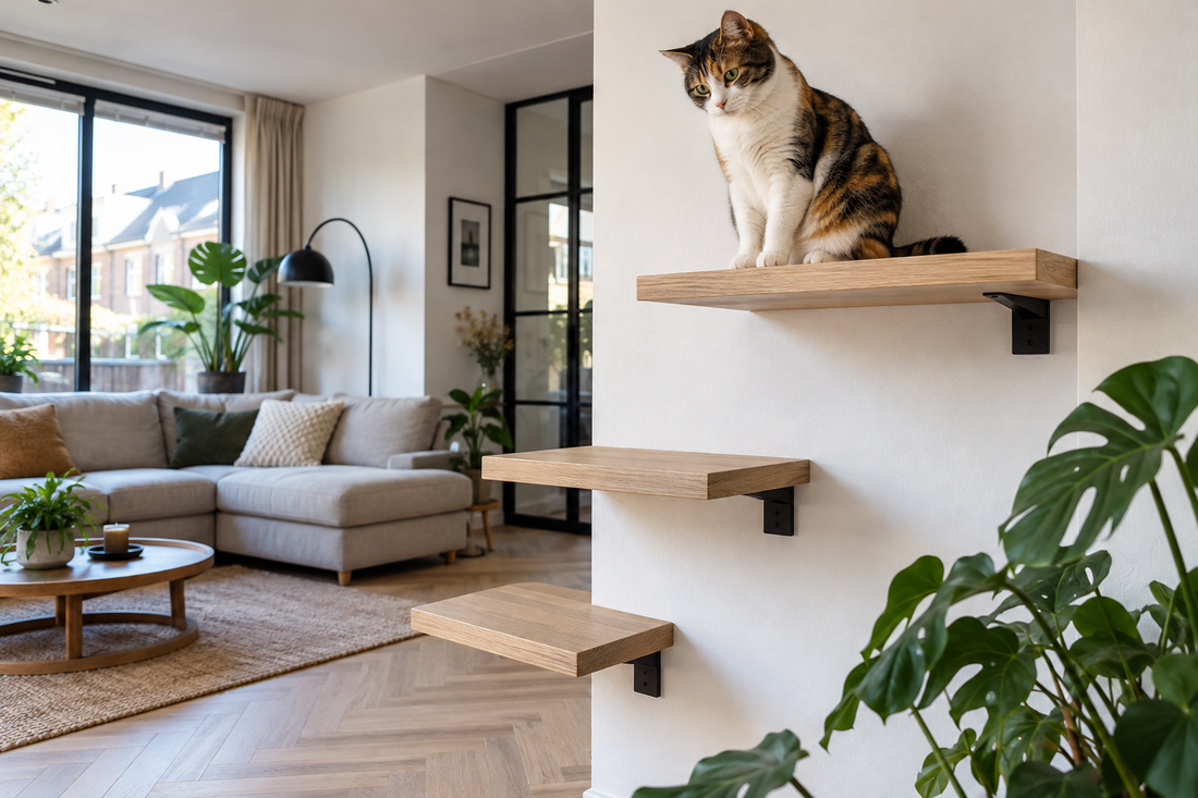 Calico huiskat zit op een brede houten wandplank met veilige opstapjes in een neutrale woonkamer.