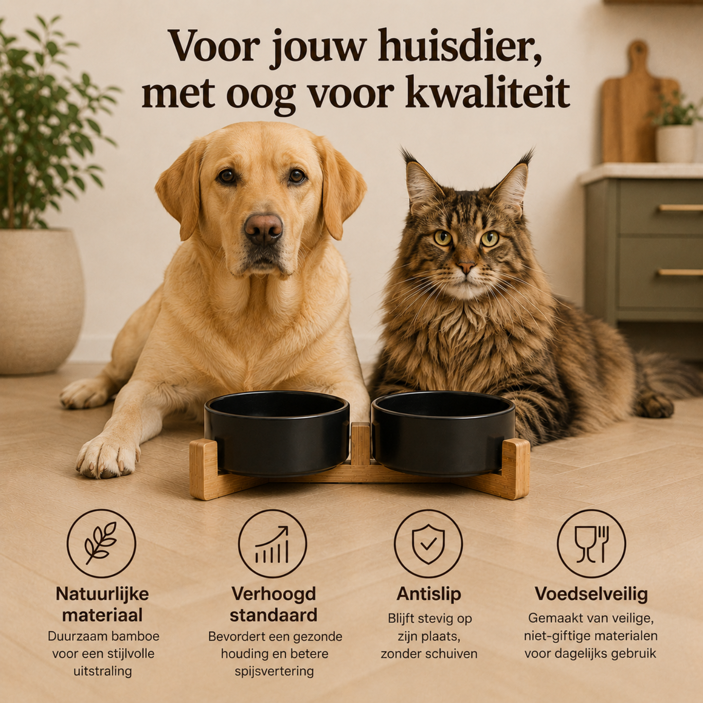 Ceramic food bowls with bamboo stand
