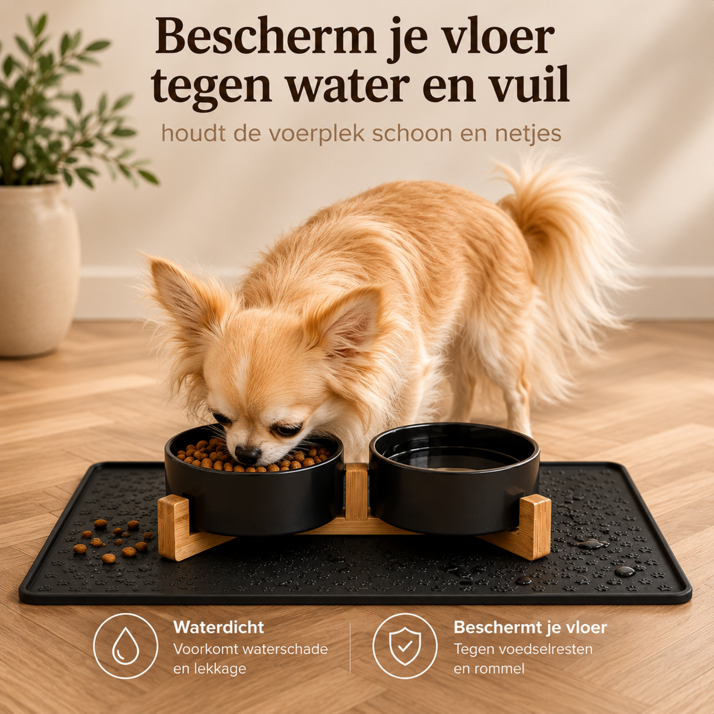 Ceramic food bowls with bamboo stand