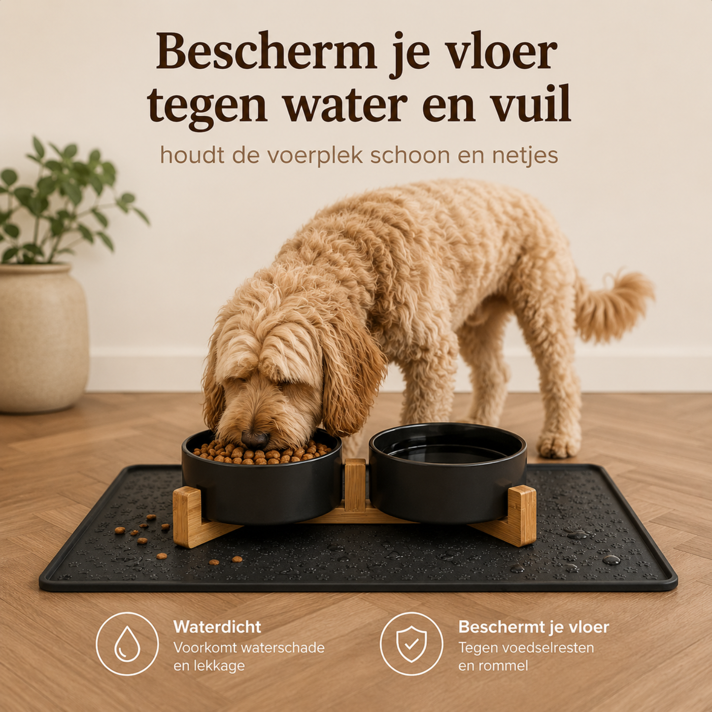 Ceramic food bowls with bamboo stand