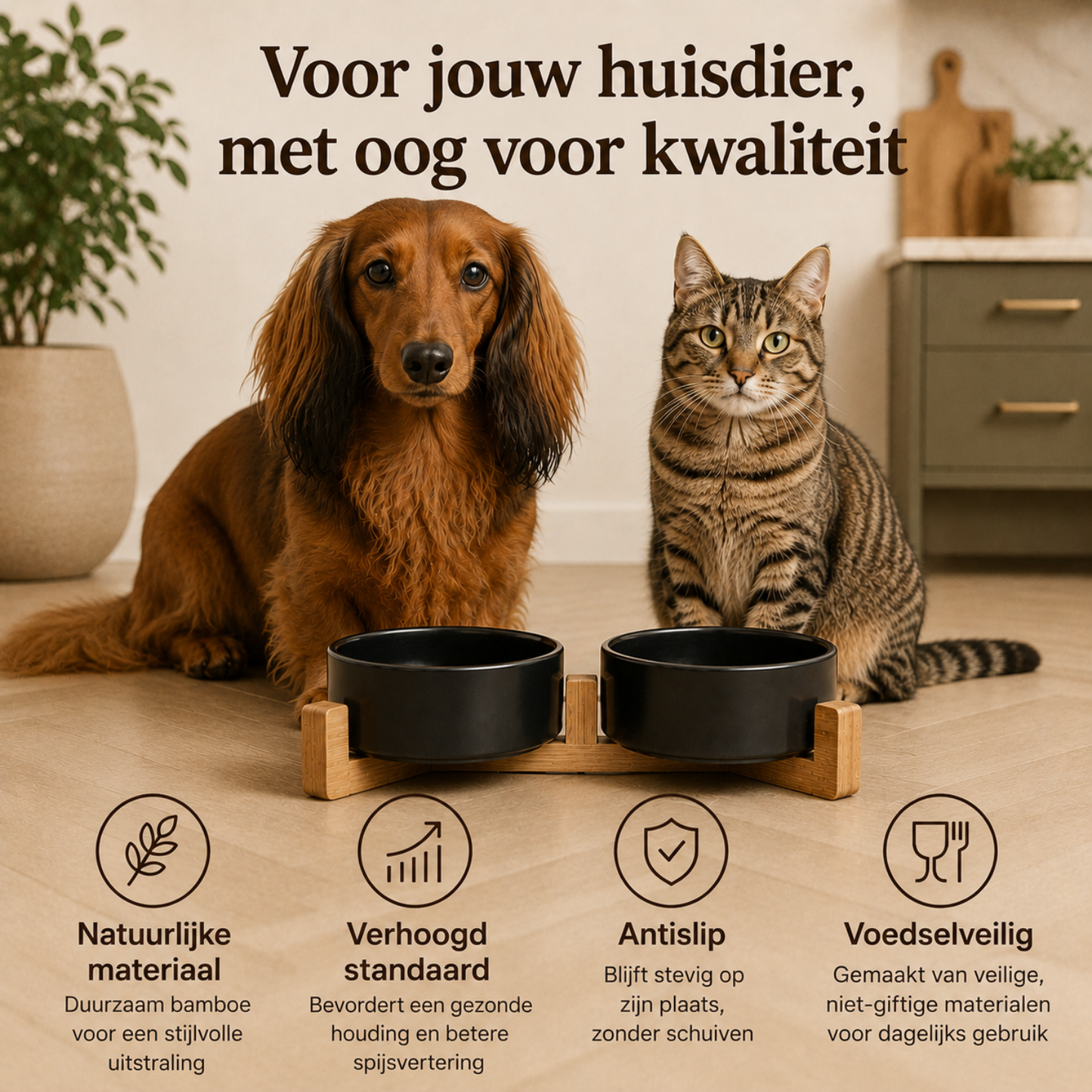 Ceramic food bowls with bamboo stand