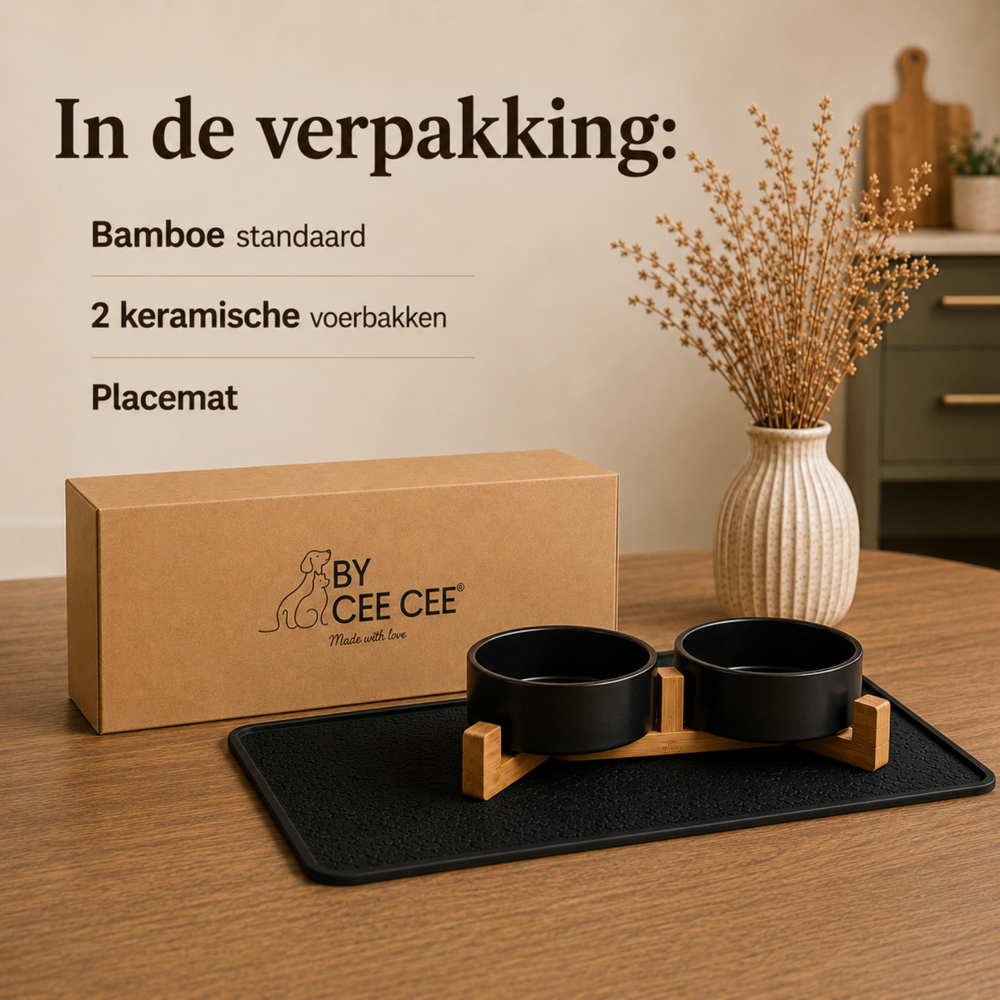 Ceramic food bowls with bamboo stand