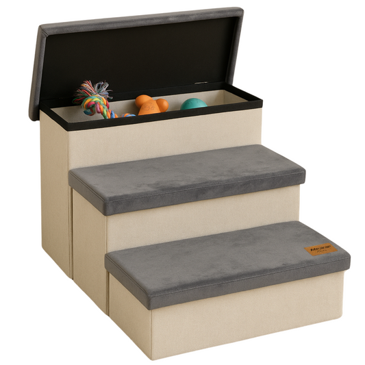 Hondentrap Stevig Model 2025  Met Opbergruimte - Trap Hond - tot 60 KG - Beige met grijs