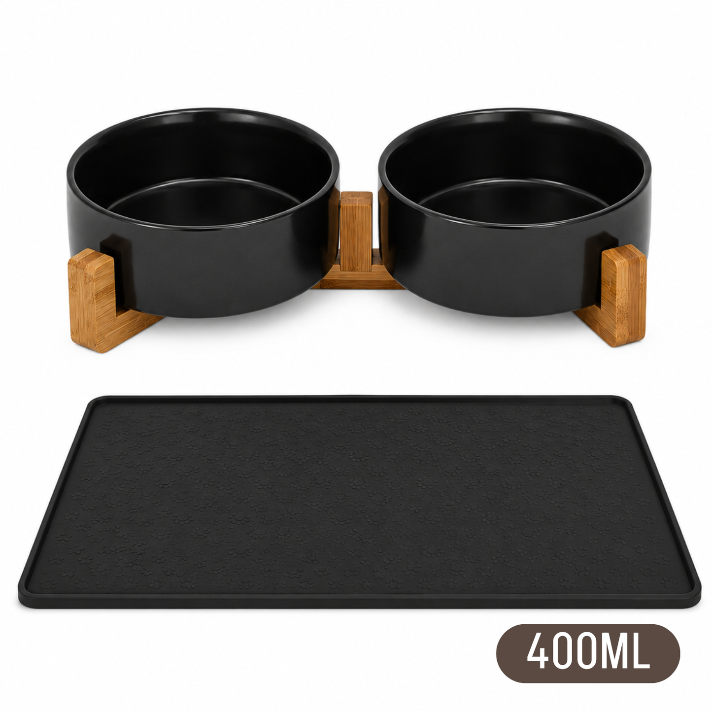 Ceramic food bowls with bamboo stand
