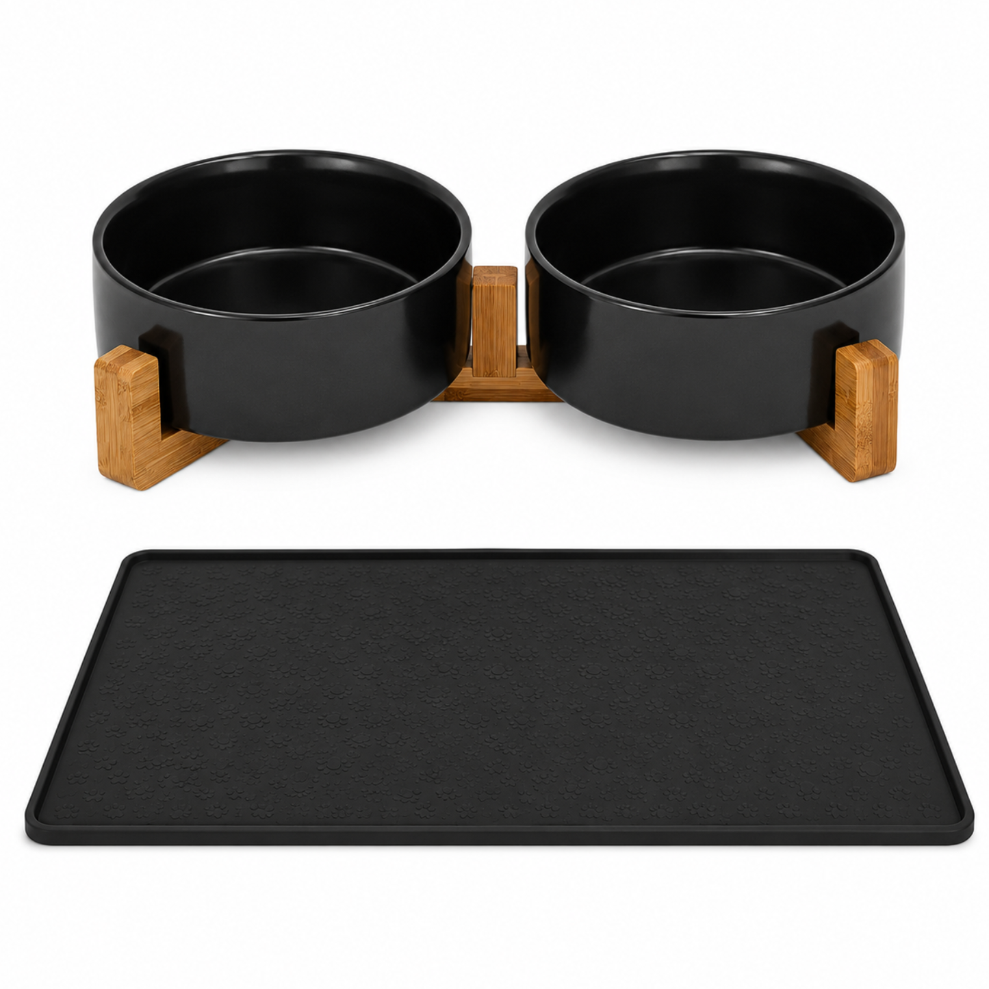 Ceramic food bowls with bamboo stand