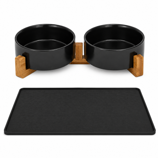 Ceramic food bowls with bamboo stand