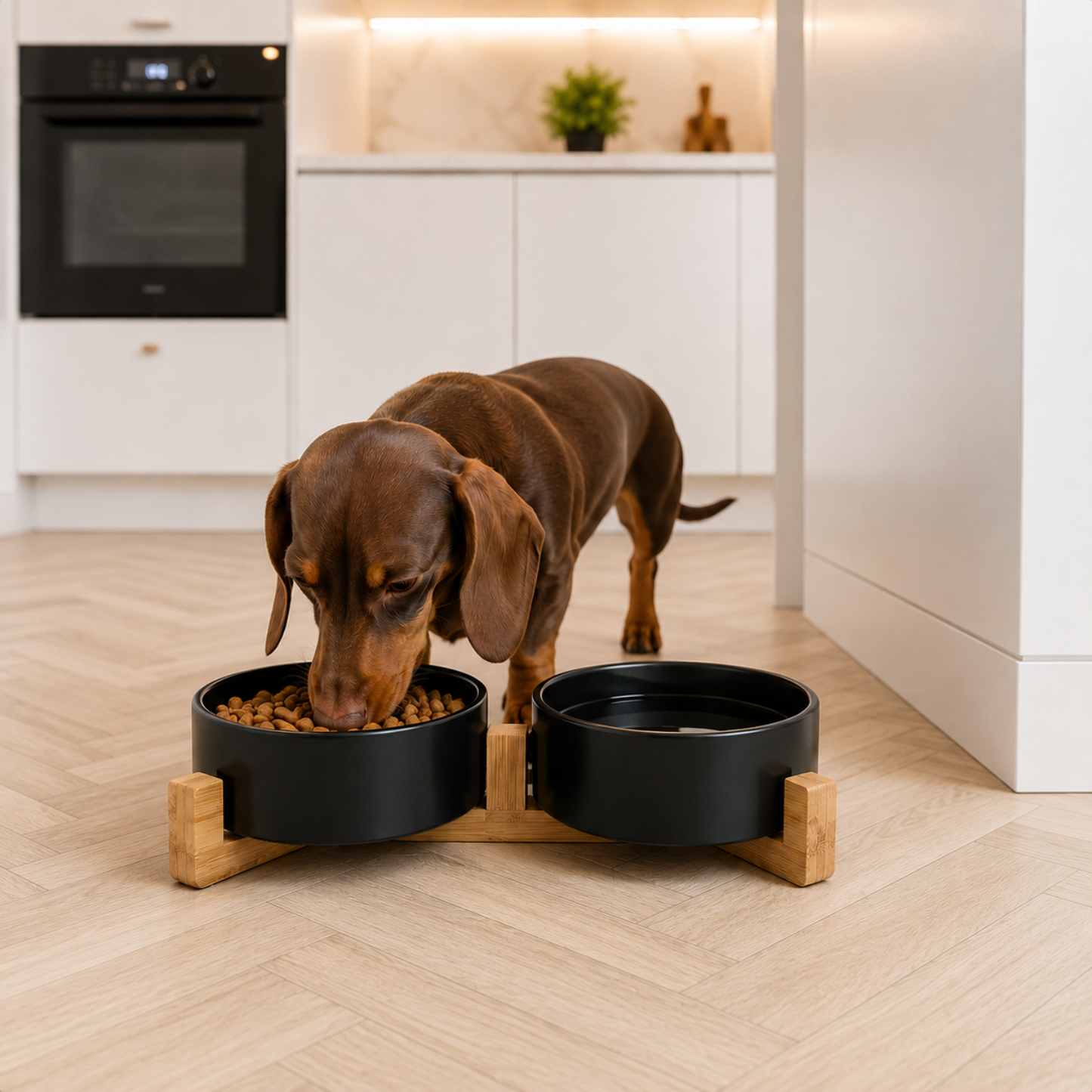Ceramic food bowls with bamboo stand