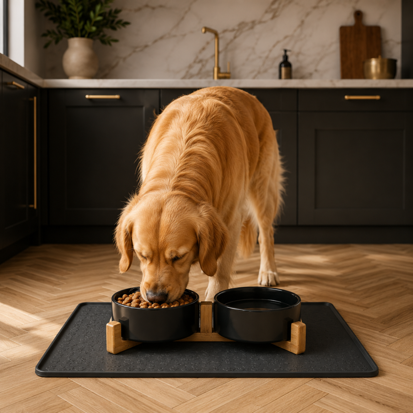 Ceramic food bowls with bamboo stand