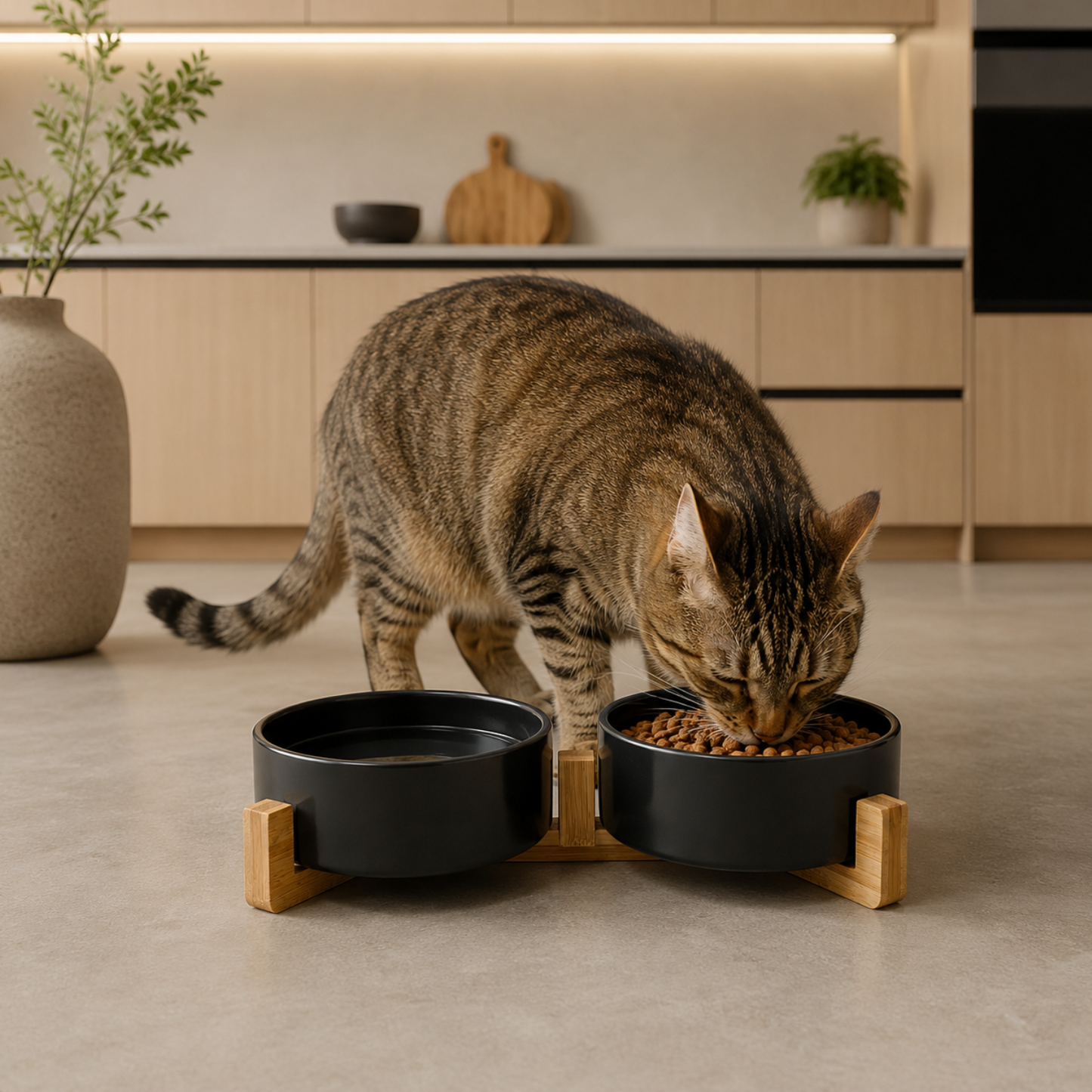 Ceramic food bowls with bamboo stand
