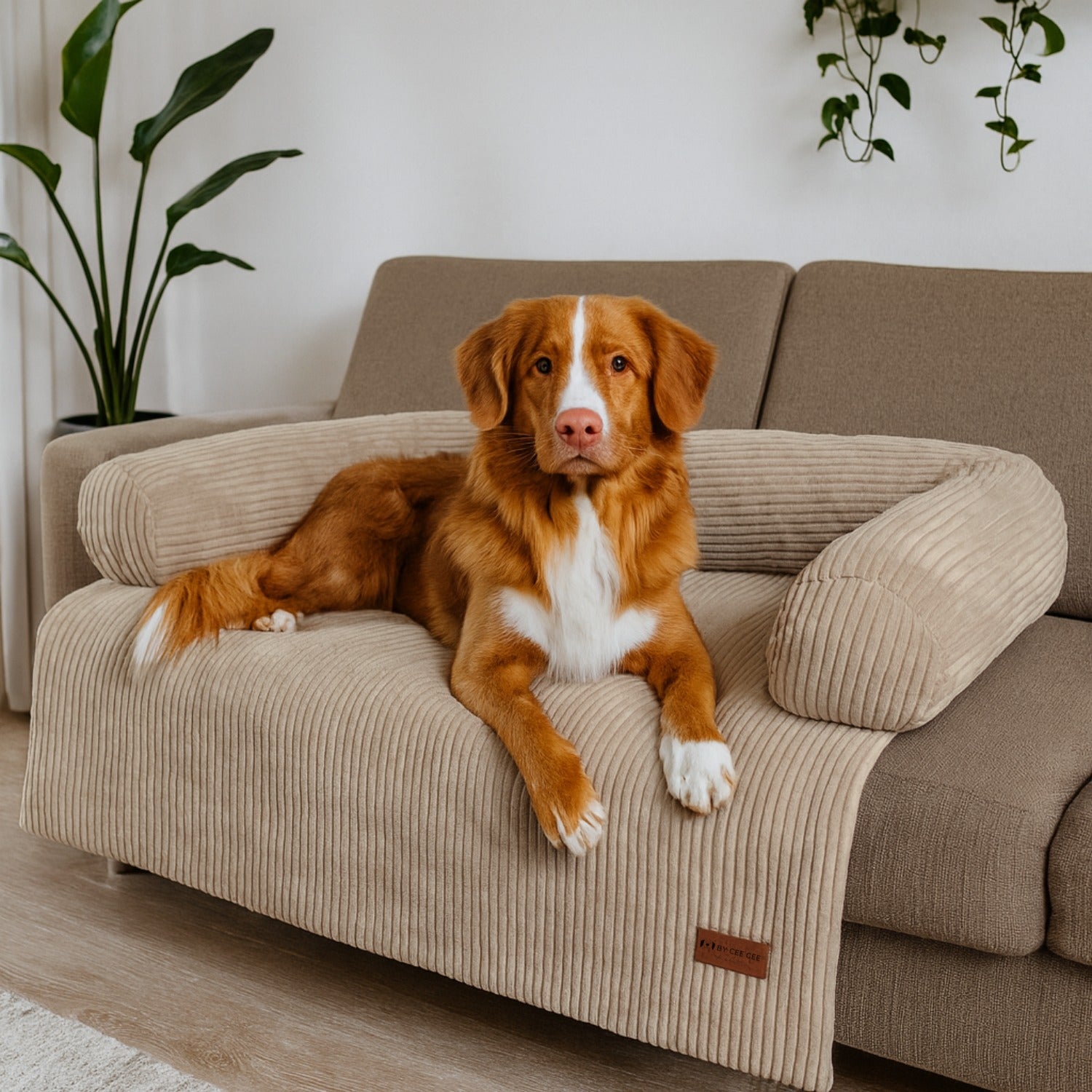 labradoodle, hondendeken, luxe sofa, hondenmeubel, stijlvolle woonkamer, comfortabele bescherming, Baby Coco and Nuts, bruine interieurkleuren, zachte plaid, kleine honden