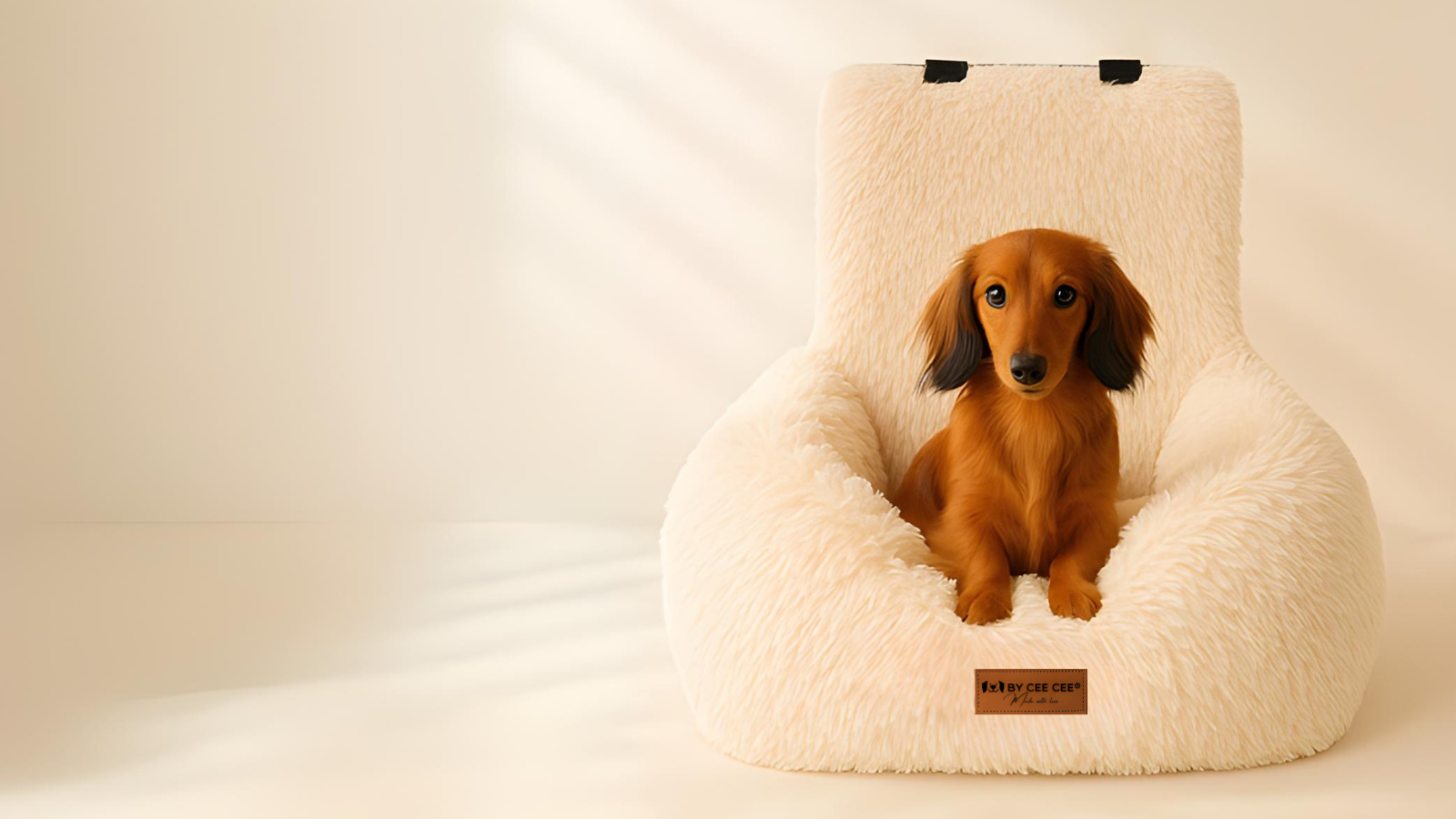 teckel, luxe hondenstoel, zachte hondenstoel, kleine honden, crèmekleurig hondenmeubel, Baby Coco and Nuts, comfortabel hondenbed, stijlvol interieur