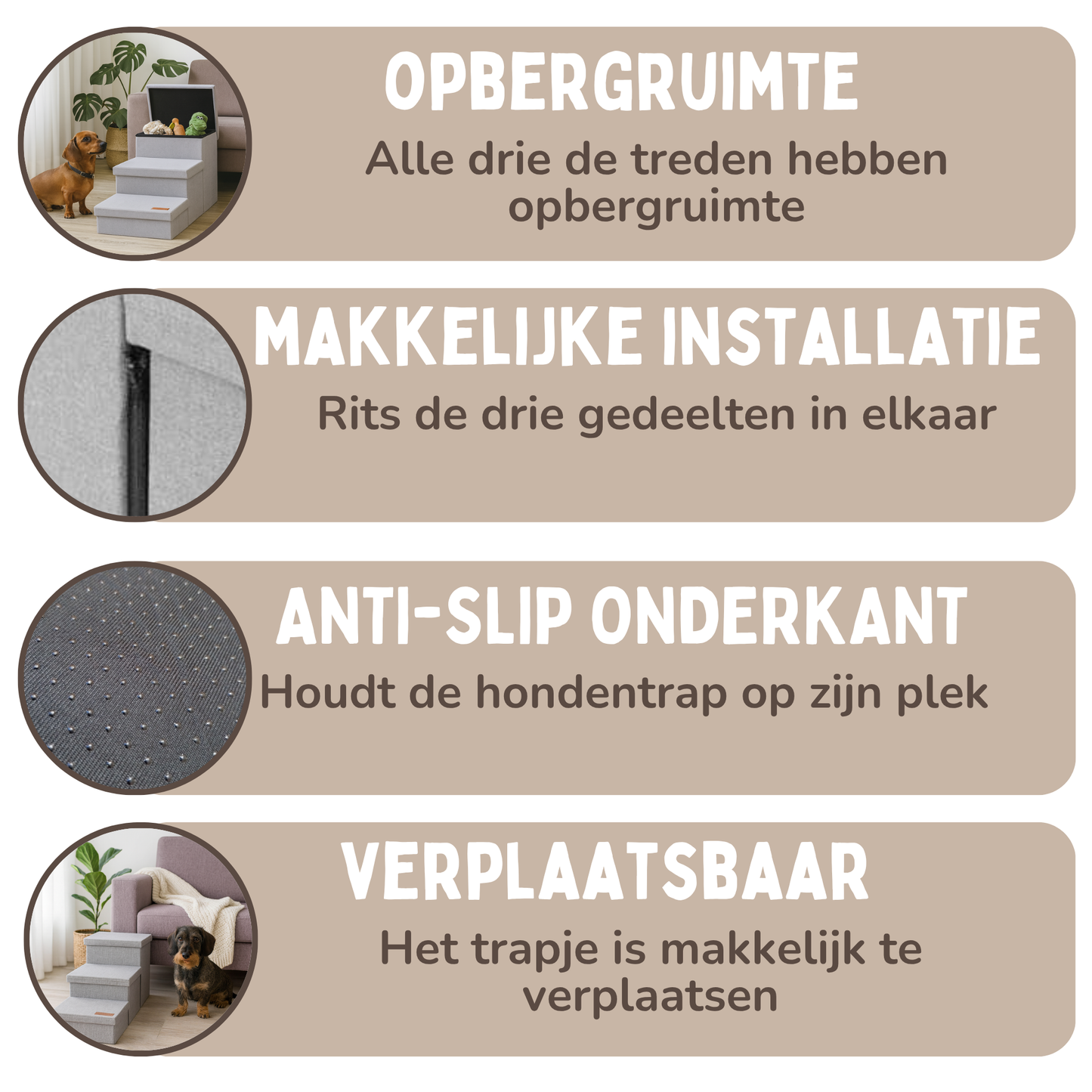 Hondentrap Stevig Model Met Opbergruimte - Trap Hond - tot 60 KG - Beige met grijs